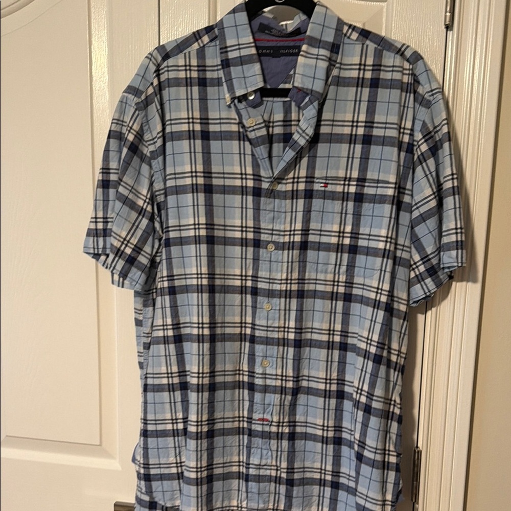 Tommy Hilfiger Light Blue and Navy Plaid Short-Sleeve Button-Down Shirt